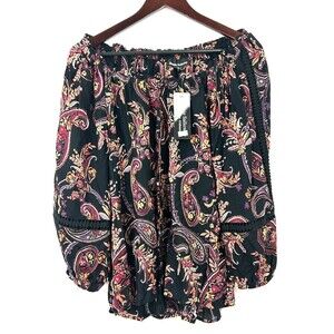 Ronnie Salloway Women Size M Blouse Top Floral Long Sleeve Off Shoulder Pullover